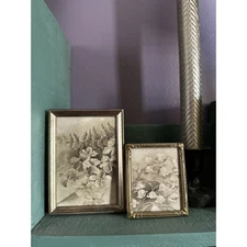 Small Gold Ornate Picture Frame Flowers Black White Vintage Moody Home Decor 2