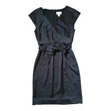 J. Crew Black Cap Sleeve Tie Waist V Neck Modest Silky Dress Sz 0 Career Elegant