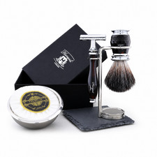 5PCS Grooming Kit with Black Shaving Brush, DE Safety Razor, Stand Bowl Soap