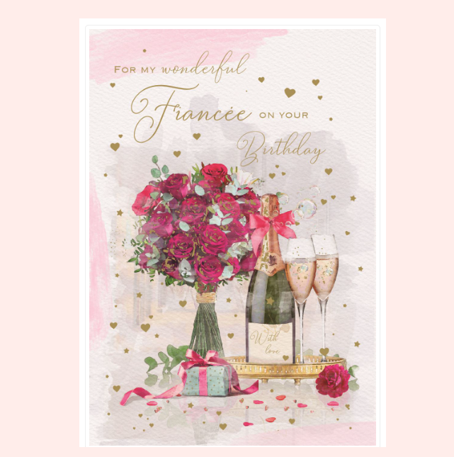 Birthday Card FIANCEE Fiancée. **Nine-Inch Gold-foiled Card, Pages inside**
