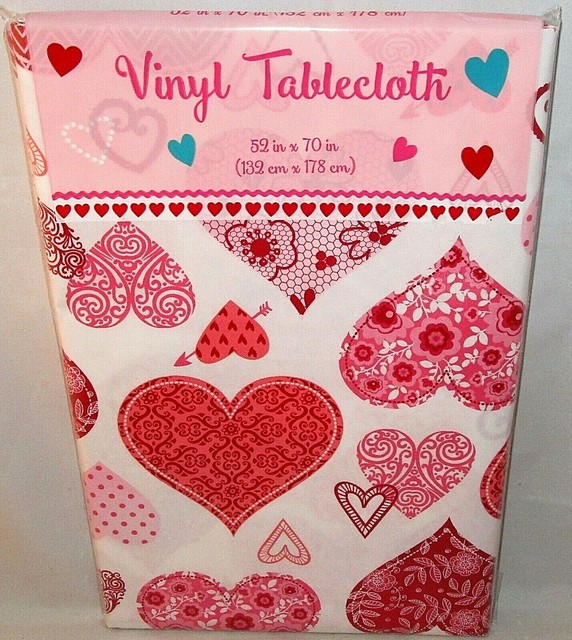 Valentine's Day Round Tablecloth Red Flocked Fabric Hearts 58 inches
