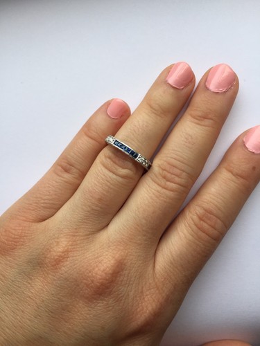 14K WHITE GOLD PAVE FILIGREE DIAMOND SAPPHIRE ETERNITY WEDDING BAND RING 5 6 7 9 - Picture 3 of 4