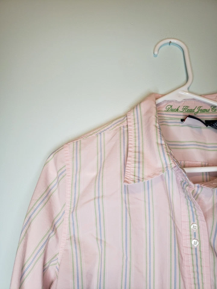 Утка голова женщин Sz XL полоски розовый зеленый синий длинным рукавом кнопка спереди эластичной - Изображение 4 из 4