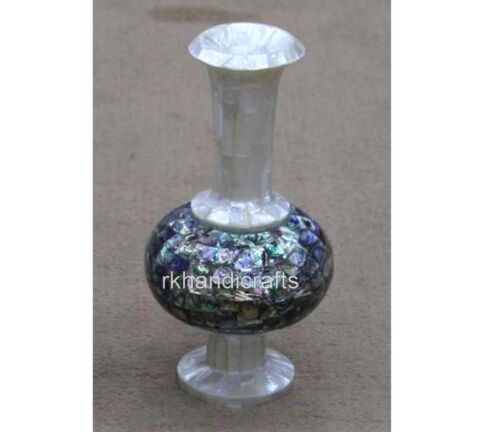 12 Inches Gemstone Overlay Work Flower Pot White Marble Center Table Decor Vase