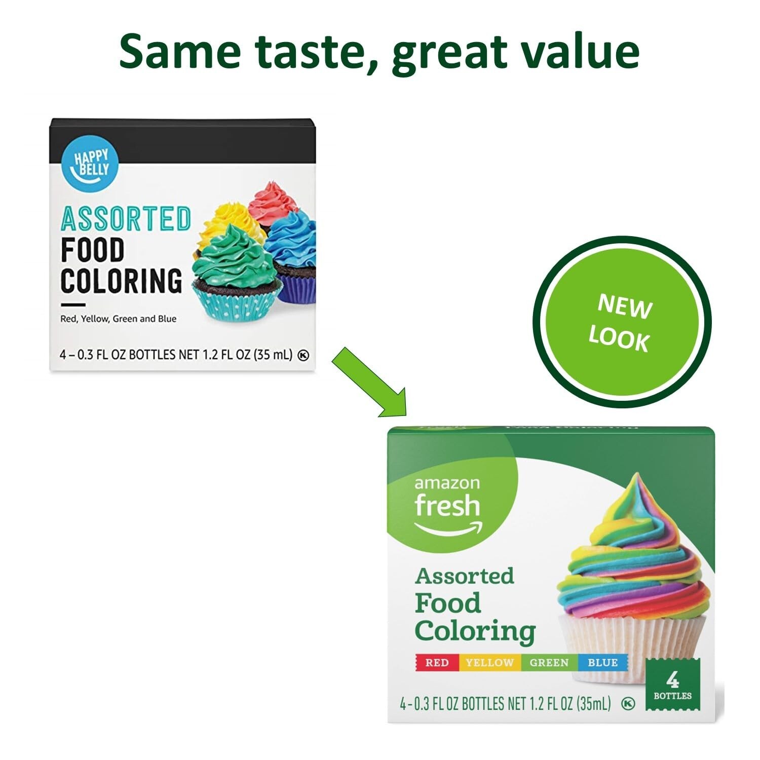 Amazon Fresh Assorted Food Coloring 4-Pack 1.2 Fl Oz (Happy Belly)