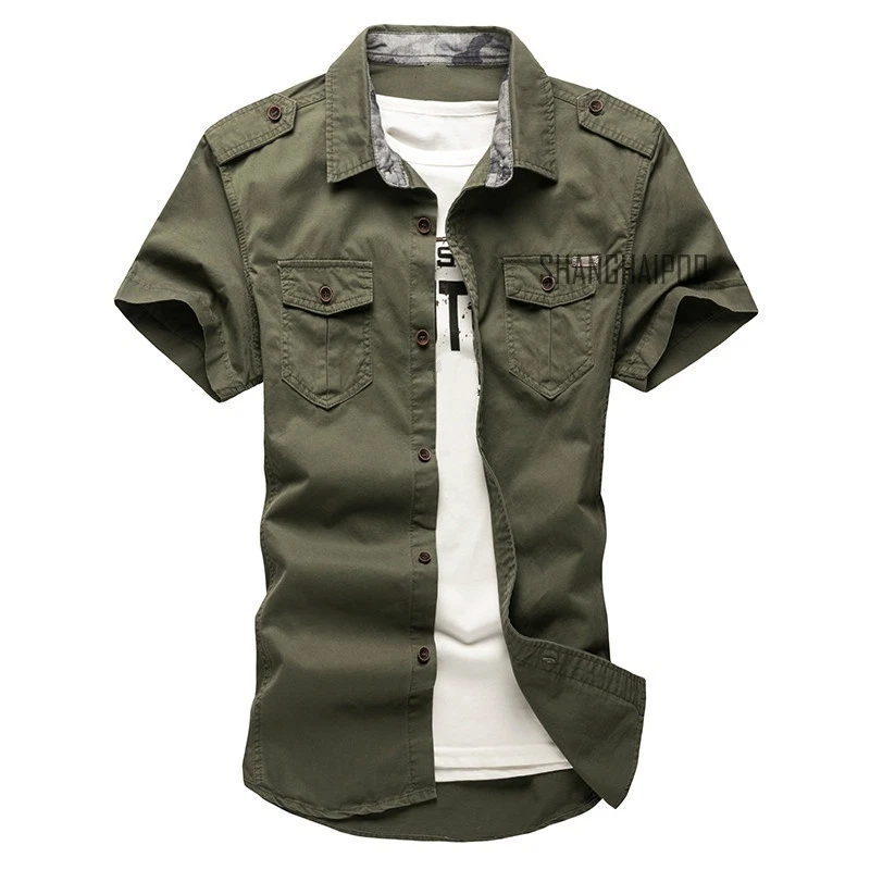 Men's Casual Short Sleeve Cargo T-shirts Military Dress Shirt Double Pockets New