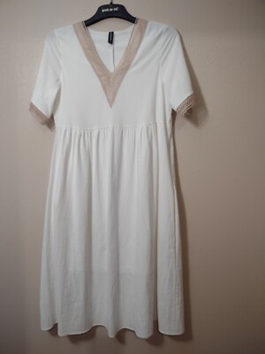 Just Fashion Now Dress Sz M White Short Sleeve Shift Empire Waist Cotton |  eBay