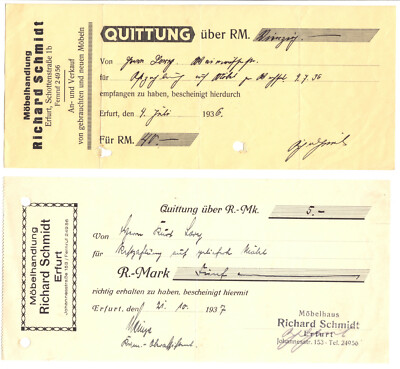 zwei Quittungen. Richard Schmidt, Möbelhandlung, Erfurt, 1936 / 1937