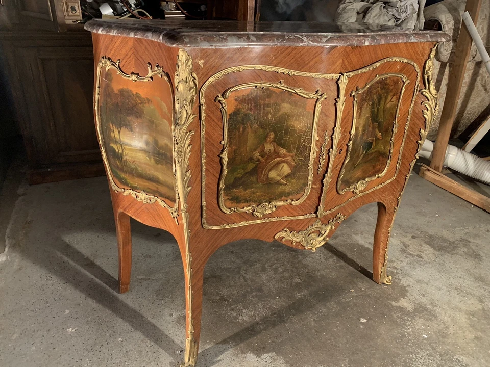 Cómoda antigua francesa pintada a mano Vernis Martin Kingwood bronce dorado mármol Foto 2 de 4