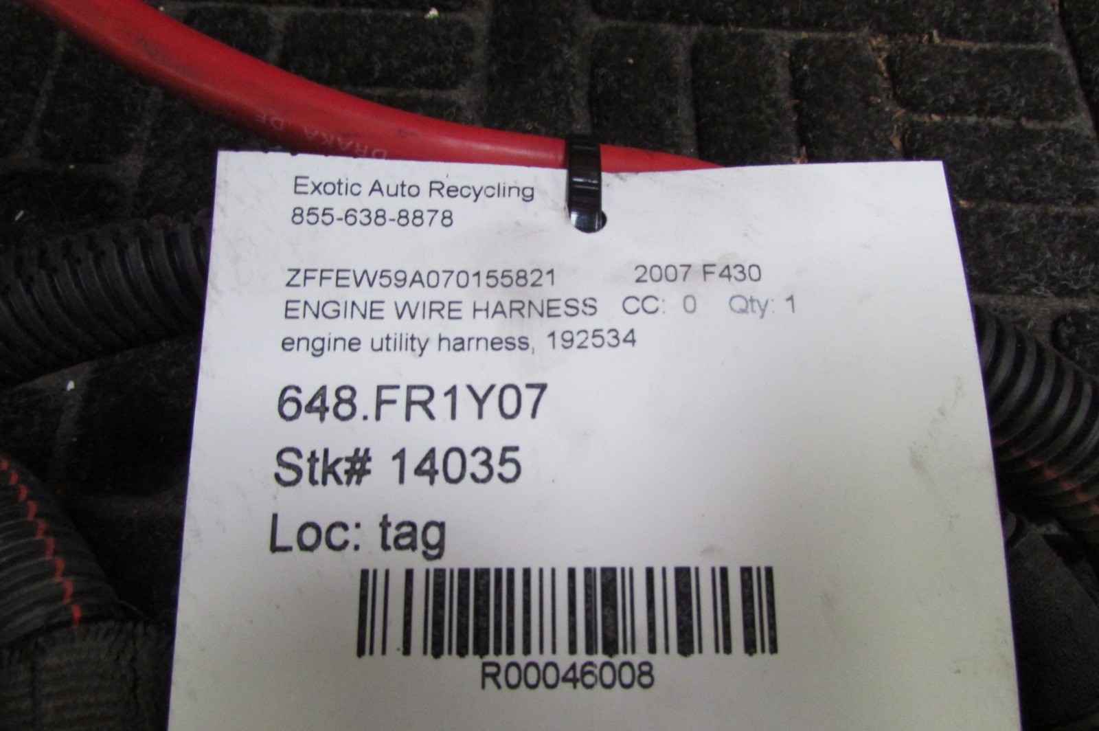 Ferrari F430, Electrical Power Utility Harness, Used, P/N 192534
