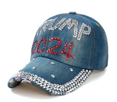 Trump 2024 Cap Hat Denim Distressed Rhinestone Hat