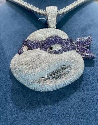 Mens Lab Created Blue Sapphire Donatello Purple Mask 3.7 Inch Pendant 925 Silver