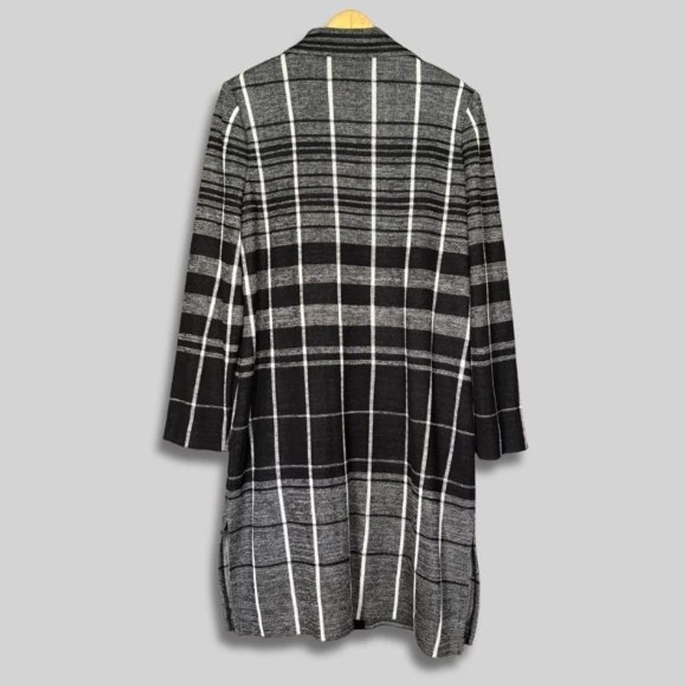 Gabardina tejida Misook longitud midi frente abierto palangre a cuadros negro/gris con M Foto 2 de 4