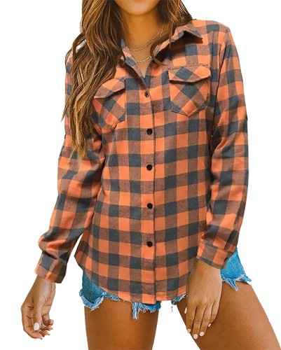 Womens Casual Cuffed Long Sleeve Boyfriend Button Down Plaid Flannel Shirt To...