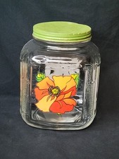 Vintage Hoosier Cabinet / Pantry Glass Jar Gallon Ribbed Green Lid Floral Decal