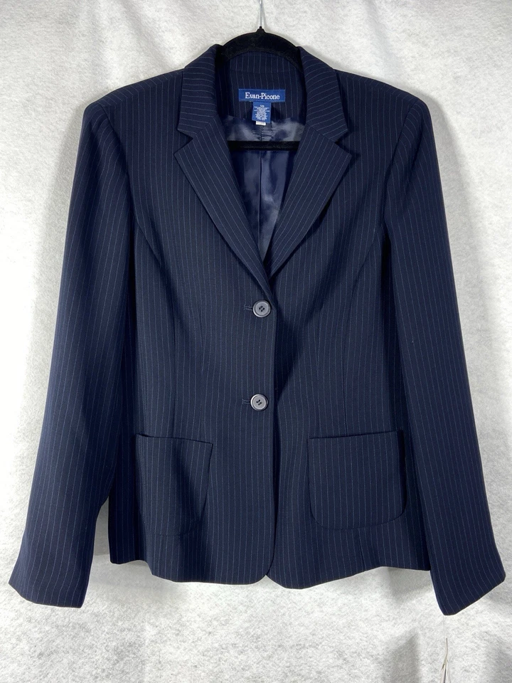 Pantalón Traje Evan Picone 2 Piezas Mujer’s 12 Azul Blazer Botón Mangas Largas Rayas Nuevo Foto 3 de 4