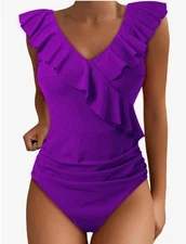 Blooming Jelly Women's Tummy Control One Piece Ruffle V Neck Swimsuit Purple XXL