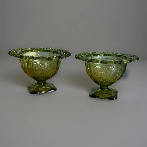 Vintage 1960s Lot Of 2 Indiana Glass Laced Lorraine Avocado Green Pedestal Dish