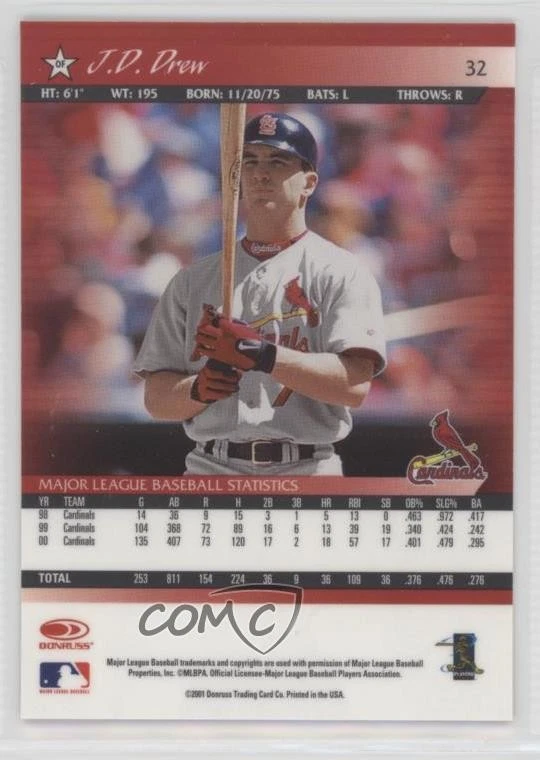 2001 Donruss Baseball's Best Gold JD Drew #32 - Image 2 of 2