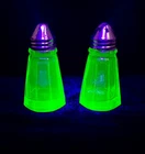 VTG Uranium Glass Salt & Pepper Shakers Green Vaseline Glass UV Reactive Pair