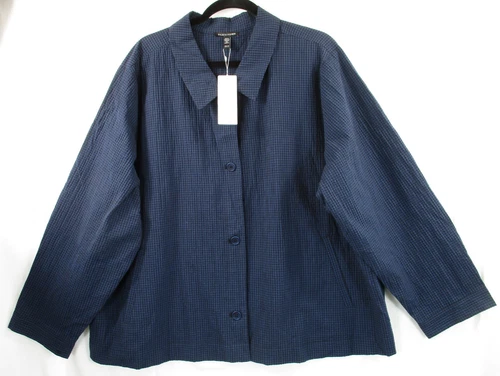 -NWT Eileen Fisher DPDIV Classic Collar Jacket Organic Cotton Pucker Check Sz 3X