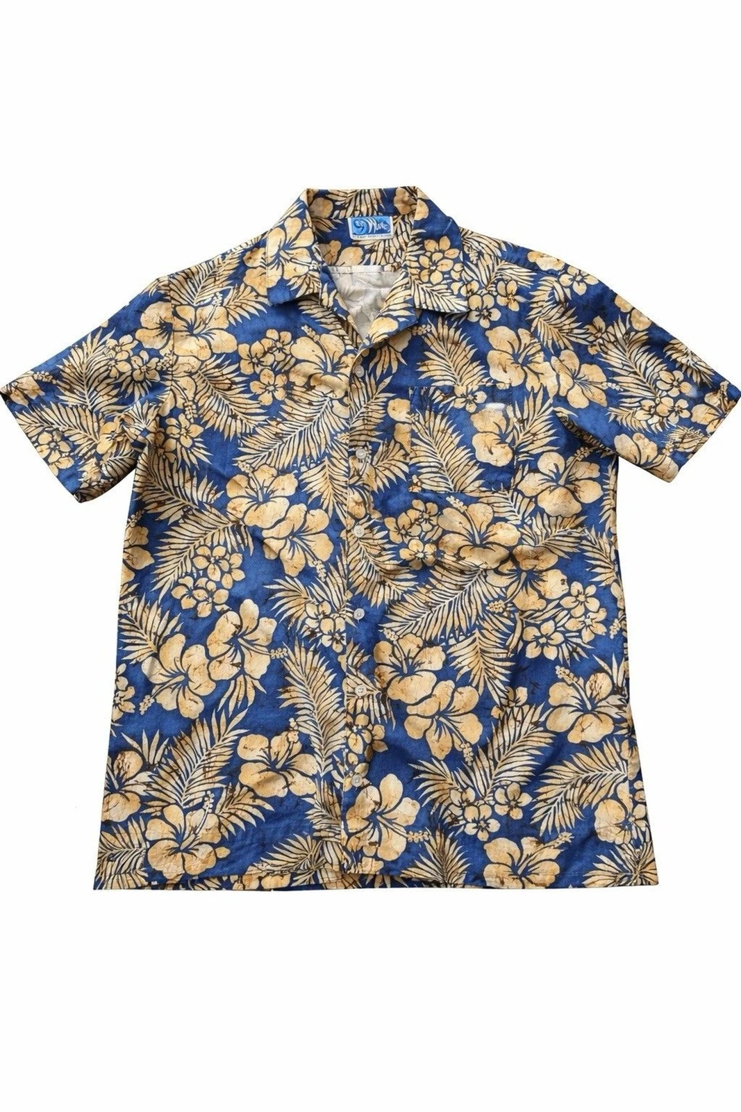 Vintage 9 Wave Hawaiian Shirt Men’s Large Blue Floral Cotton Aloha Made USA