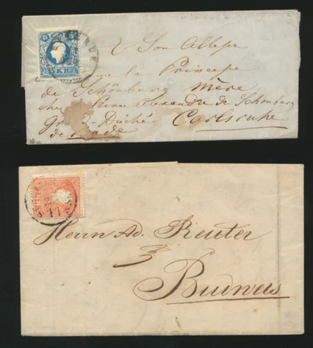 2 Faltbriefe mit 5 Kreuzer (1858) nach Budweis  und 15 Kreuzer nach Karlsruhe