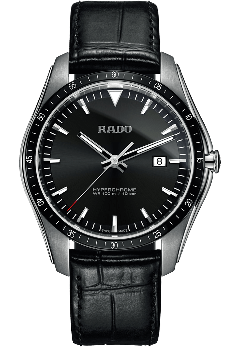 Rado Hyperchrome SWISS Quartz Black Dial Leather Strap Men's Watch