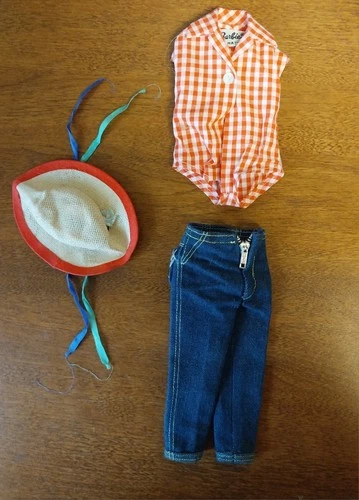 Vintage Barbie #967 Picnic Blue Jeans Checkered Body Shirt Hat, Free Ship!