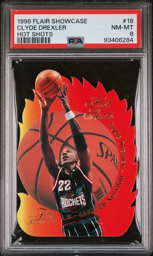 1996-97 Flair Showcase Hot Shots Clyde Drexler #18 Die-Cut Insert PSA 8 Rockets