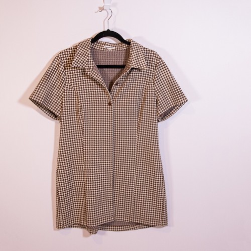 Reformation Brown Ivory Metallic Sparkle Houndstooth Print Pattern Collared Top - 第 1/4 張圖片