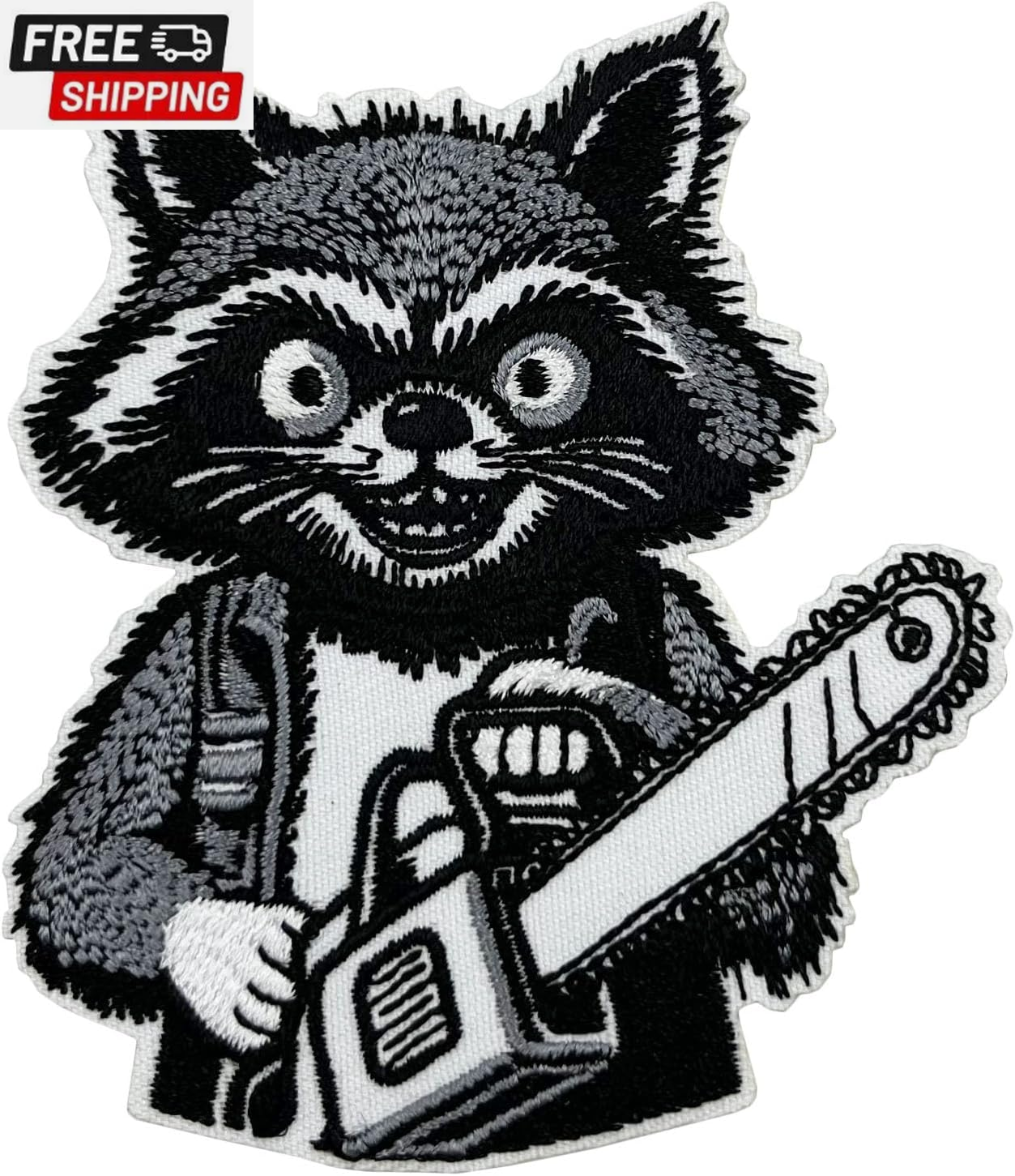 Halloween Horror Raccoon Holding a Chainsaw Embroidered Iron on Patch, Inspired
