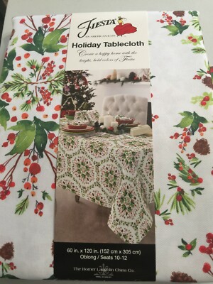 Fiesta HOLIDAY Tablecloth 60 x 120 Christmas Pinecones Holly red green berries 
