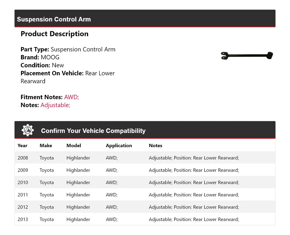 Brazo de control de suspensión trasero inferior trasero MOOG para Toyota Highlander 2008-2013 Foto 2 de 4