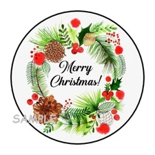 30 MERRY CHRISTMAS ENVELOPE SEALS LABELS STICKERS 1.5" ROUND WREATH FAVORS