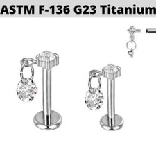 16G 5/16" 3/8" G23 Titanium Internally Threaded Double CZ Dangle Ear Labret Stud