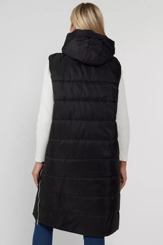 WOMENS BLACK LONG LINE HOODED PUFFER GILET JACKET LADIES PADDED BODY WARMER UK - Image 3 of 4