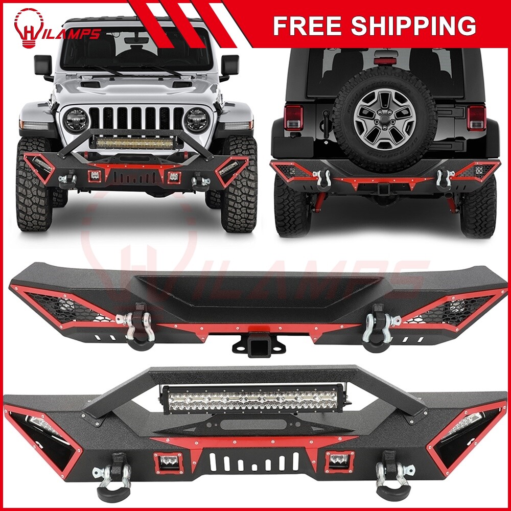 2007-2017 Jeep Wrangler JK JKU Heavy-Duty Steel Front Rear Bumper with Winch Plate & Lights