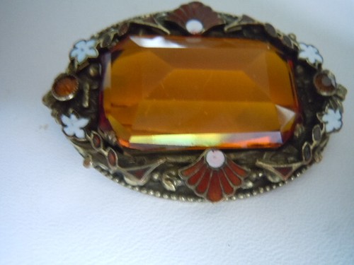 Broche de esmalte de vidrio checo de color topacio amarillo vintage - Imagen 2 de 4