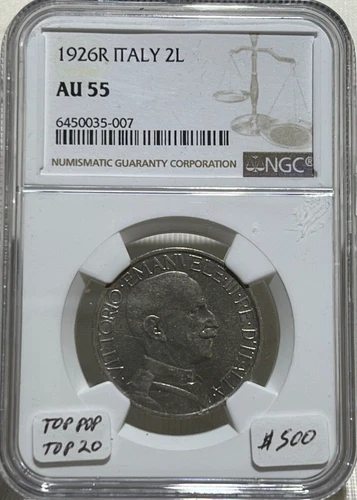 1926 R ITALY 2 LIRE NGC AU 55 TOP POP