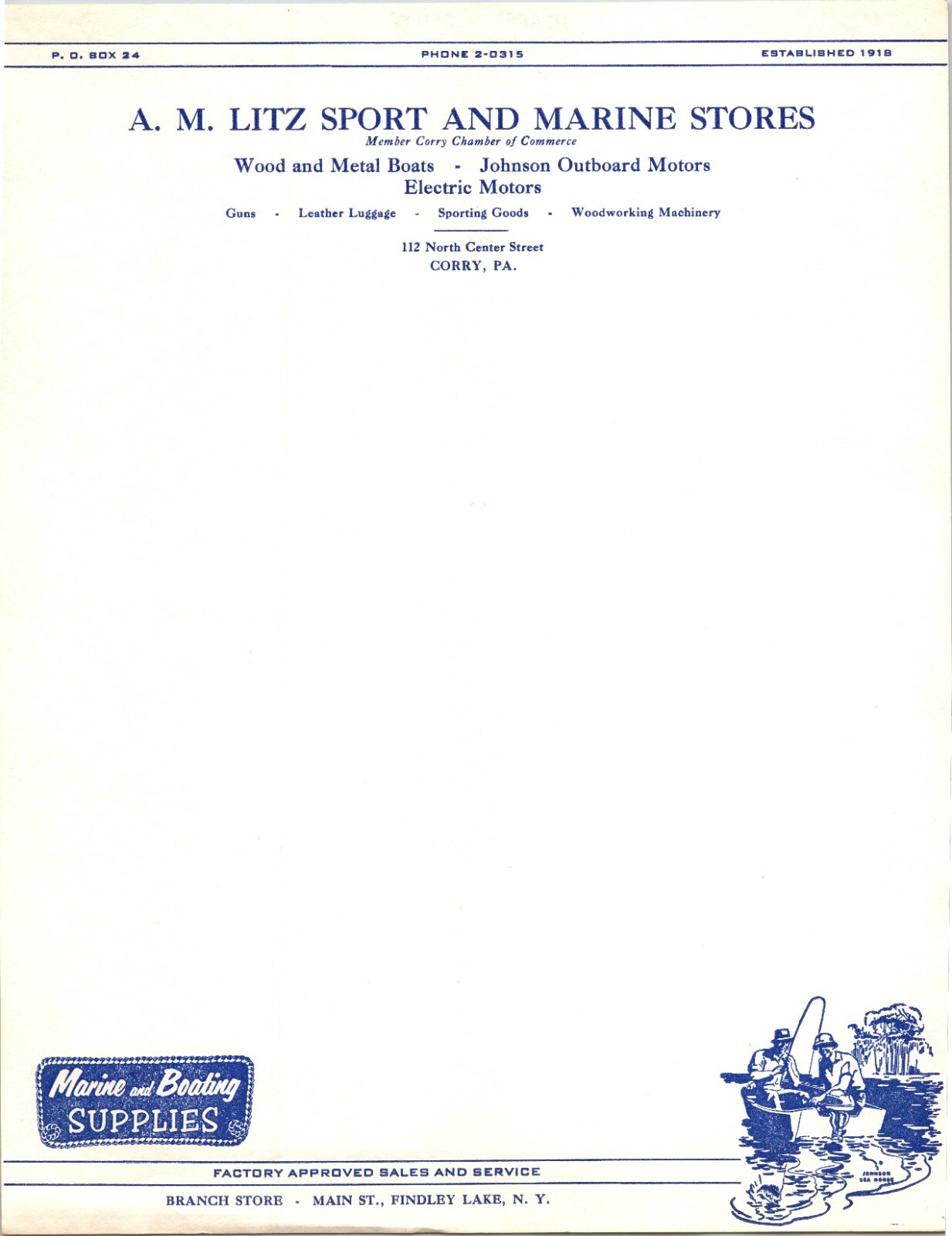 Corry PA AM Litz Sport & Marine Stores Blank Letterhead Metal Boats