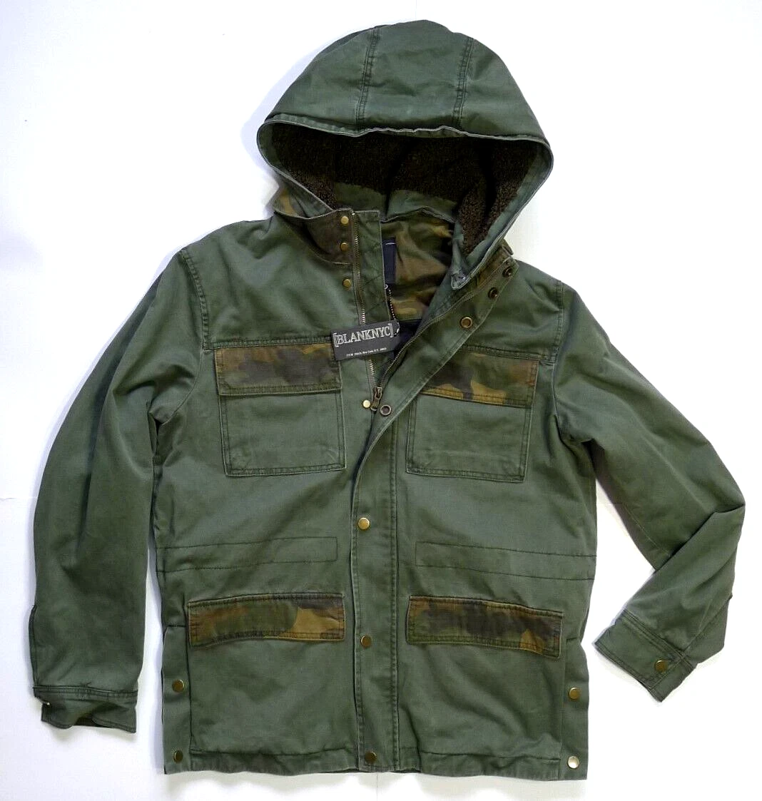 New Blank NYC Men s Green Denim With Removable Hood Jacket Size M