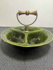 Mid Century Modern Lane Co Green Divided Serving Dish With Wooden Handle