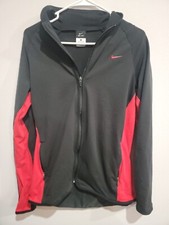 Nike Women's Jacket Dri Fit Full Zip Size L Long Sleeve Thumb Holes Black Red