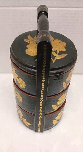 Antica scatola cesto matrimonio cinese 3 livelli nero laccato oro floreale legno - Foto 19 di 19