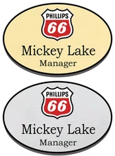 1 GOLD & 1 SILVER OVAL PHILLIPS 66 PERSONALIZED NAME BADGES SAFETY PIN FASTENER