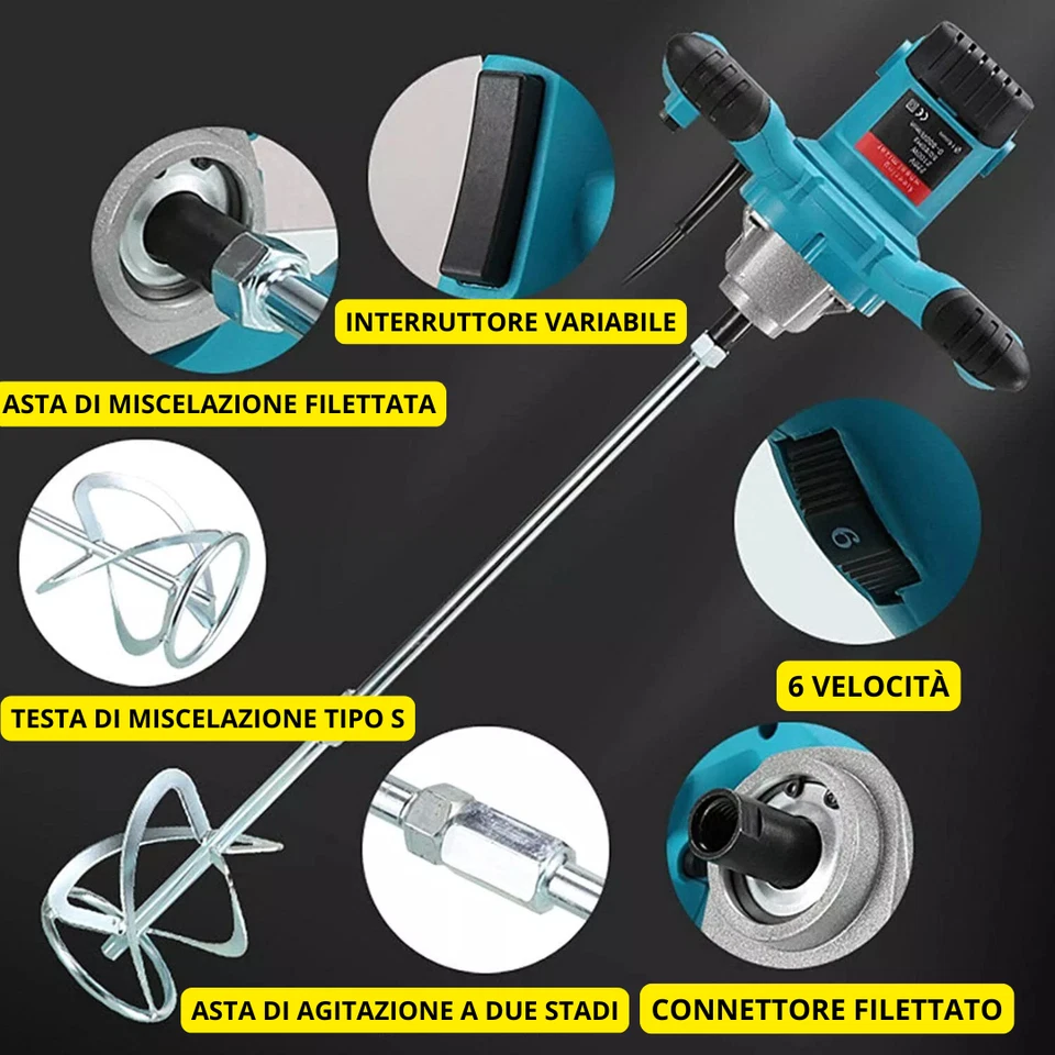 MISCELATORE PROFESSIONALE PER MALTA,CEMENTO,COLLA 3000W CON 6 VELOCITÀ - Immagine 4 di 4