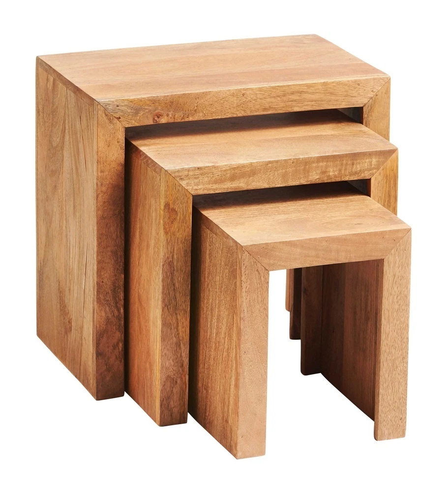 Modern Solid Mango Wood Nest of 3 Tables Living Room Furniture in