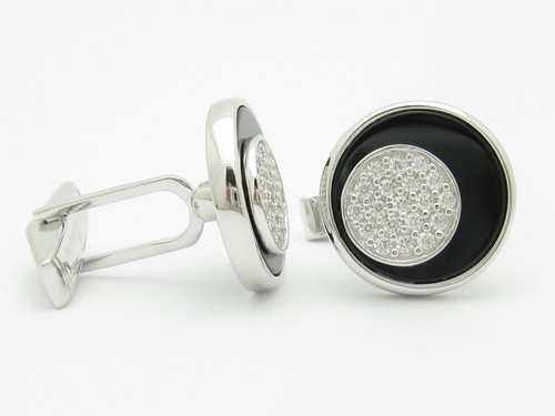 Gemelos halo abstracto de platino de plata de ley con zafiro blanco y ónix negro - Imagen 4 de 7