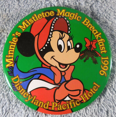 Vintage Disneyland PInback Button Minnie Mistletoe Magic Pacific Hotel 1996